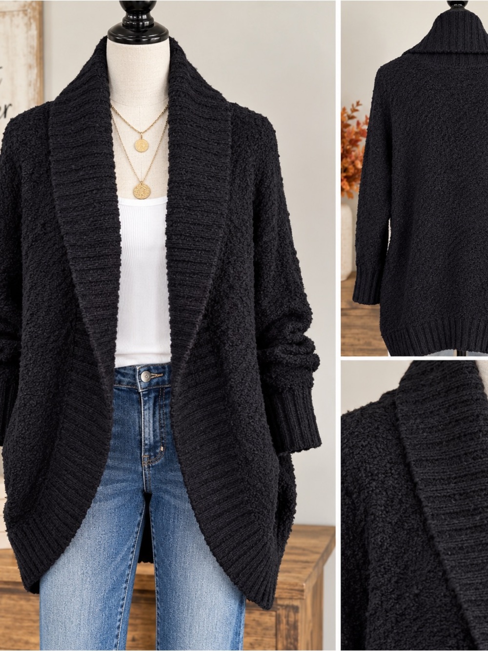 By Anthropologie Black Textured Open Front Shawl Collar Cardigan Sweater M